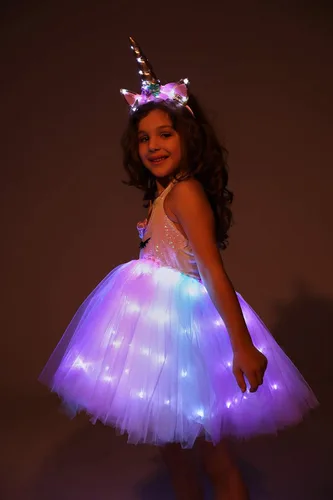 Vista 4 de Disfraz de princesa de unicornio para niñas, disfraz de fiesta de cumpleaños con luz LED, vestido de tutú de Halloween con diadema