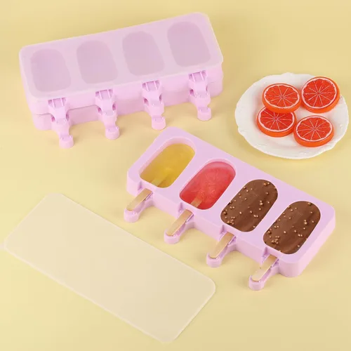 Vista 6 de Juego de 3 moldes de paletas de color violeta Samll con tapas y 100 palitos de madera para paletas de madera, 4 cavidades de silicona para hacer