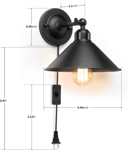 Vista 2 de Aplique de pared enchufable, aplique de pared negro, lámpara de pared industrial vintage con brazo oscilante antiguo, lámpara de pared