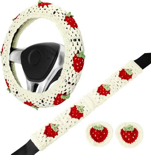 Vista 7 de Juego de fundas de ganchillo para volante, bonita funda bohemia para volante de automóvil de 14 a 15 pulgadas, patrón cuadrado de fresa blanca