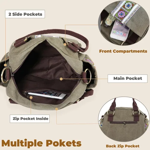 Vista 5 de Bolso de mano de lona para mujer, bolso cruzado vintage resistente
