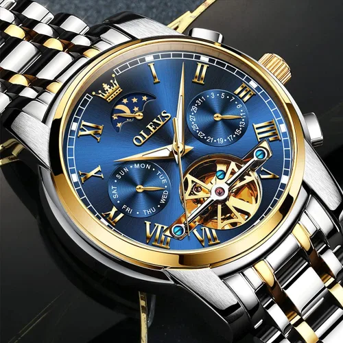 Vista 4 de OLEVS - Reloj mecánico automático Tourbillon Slef-Wind lujoso de acero inoxidable resistente al agua luminoso y con fecha
