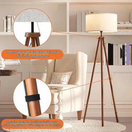 Vista 4 de LiteHistory Lámparas de pie de trípode de madera para sala de estar, dormitorio y oficina, lámpara de pie con pantalla de lino beige, bombilla