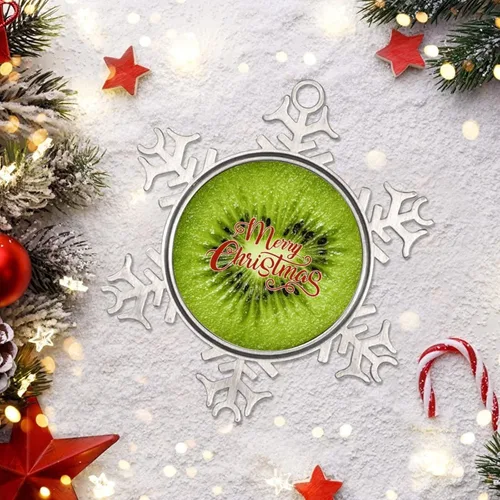Vista 6 de Adorno de copo de nieve verde para árboles de Navidad, frutas, comida realista, adornos de Navidad personalizados 2022, divertido recuerdo de metal