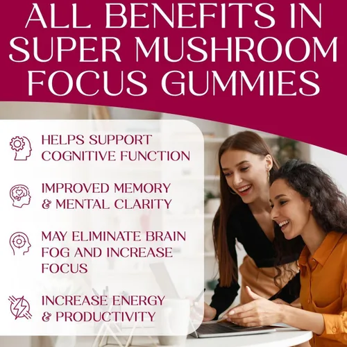Vista 4 de Auri Nutrition Super Mushroom Focus Gummies con melena de león, Alpha GPC y Rhodiola - Suplemento de hongos para apoyar la función cognitiva