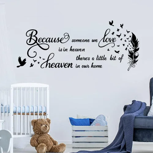 Vista 3 de SUPERDANT Calcomanías de pared con texto en inglés "Porque alguien que amamos está en el cielo hay un poco de cielo en nuestro hogar", calcomanías