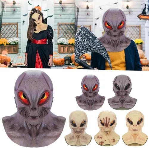 Vista 7 de Máscara de alienígena de cabeza completa para Halloween, terrorífico accesorio de disfraz de látex para eventos embrujados Am.07