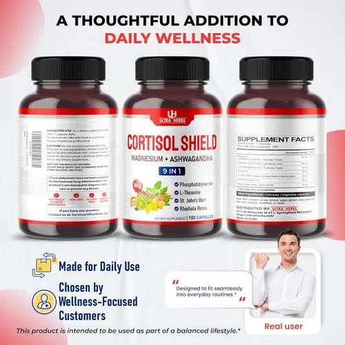Vista 9 de CORTISOL Shield 9 en 1 - Magnesio + Ashwagandha con fosfatidilserina, L-teanina, hierba de San Juan, Rhodiola Rosea - Apoyo de relajación