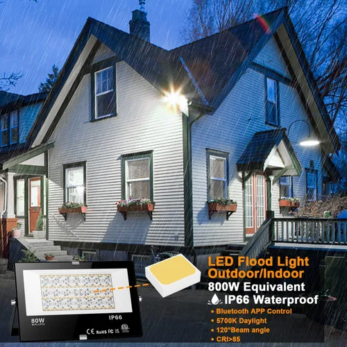 Vista 2 de Luz LED de inundación al aire libre equivalente a 800 W 8000LM, iluminación inteligente RGBW para paisajes con control de APP, luz de inundación