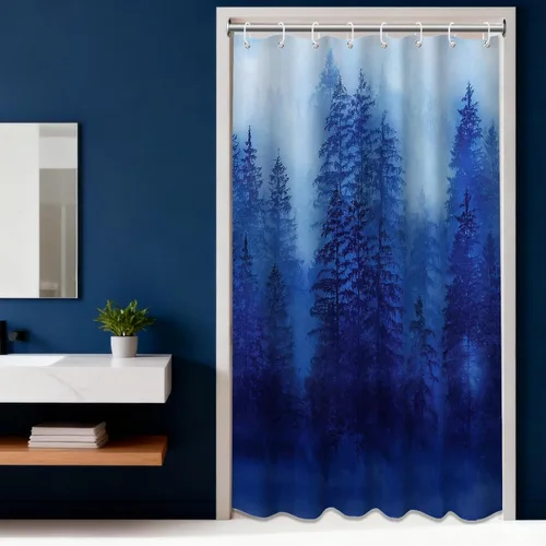 Vista 21 de Cortina de ducha estrecha para hombre, diseño de bosque negro y gris, para casa rodante, juego de decoración de baño, tela impermeable con ganchos