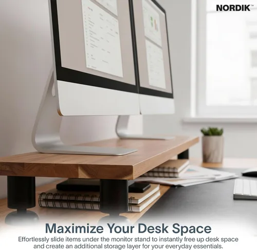 Vista 5 de Nordik - Elevador grande de doble monitor para 2 – 42.5 pulgadas de madera dura de acacia hecha a mano – Estante de madera organizador de escritorio