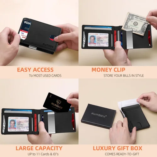 Vista 102 de RUNBOX - Carteras delgadas para hombre, cartera de piel con pinza para el dinero, cartera de bolsillo frontal con bloqueo RFID, tarjetero