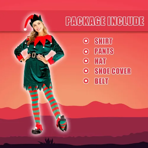 Vista 3 de Disfraz de elfo de Papá Noel para adultos, juego completo de fiesta de cosplay verde para la familia