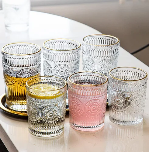 Vista 5 de LOYUYU Juego de 4 vasos de agua románticos, vasos de 12 onzas de alta calidad, juego de cristalería vintage para jugo, bebidas, cerveza, cóctel
