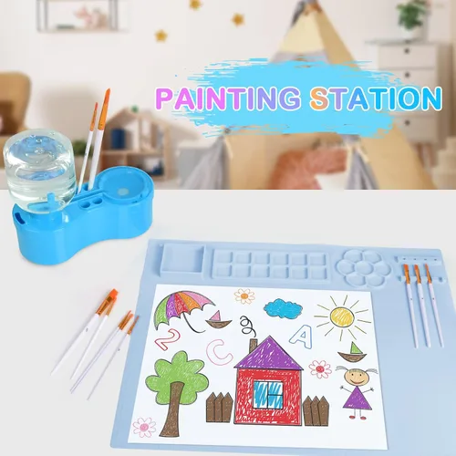 Vista 6 de Mikiwon Estación de pintura, limpiador de pinceles y alfombrilla de arte de silicona de 20 x 16 pulgadas con 10 pinceles de pintura, enjuague