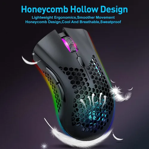 Vista 4 de Mouse inalámbrico ligero para juegos, mouse inalámbrico recargable de 2.4 G con carcasa de panal de abeja, 7 botones, DPI ajustable, receptor USB