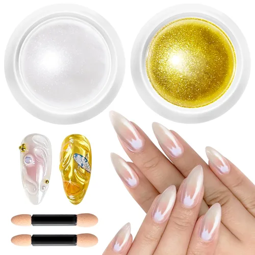 Vista 14 de Polvo de uñas cromado y perla - 【Efecto de hada】Polvo de uñas cromado rosa, blanco, aurora, amarillo, sirena, iridiscente, polvo cromado, espejo