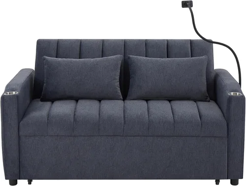 Vista 7 de LUMISOL Sofá cama convertible 3 en 1 de 55.9 pulgadas con puertos USB, portavasos, soporte giratorio y bolsillos de almacenamiento, sofá cama Gris