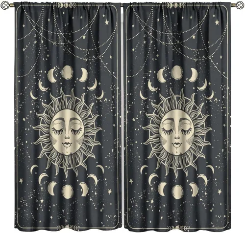 Vista 45 de Cortinas opacas con diseño de sol y luna, cuerpos celestes bohemios, con diseño de sol, luna y estrellas, para sala de estar, dormitorio, 42 x 45