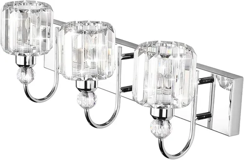 Vista 2 de Ralbay Modernas luces LED de cristal para tocador de baño, 3 luces de acero inoxidable, luces de tocador de cristal sobre el espejo, accesorios