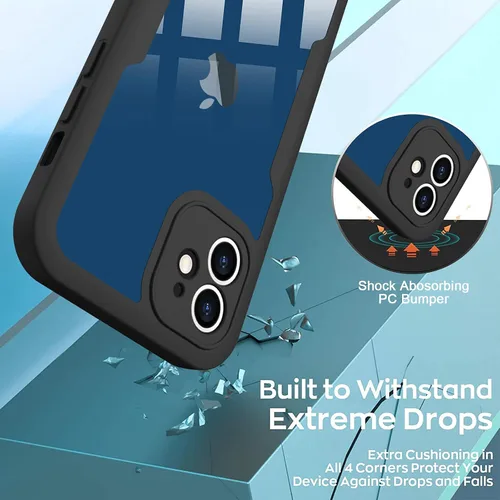 Vista 3 de Carcasa compatible con iPhone 12, diseño transparente, color negro Protector de pantalla integrado a prueba de golpes antiarañazos resistente