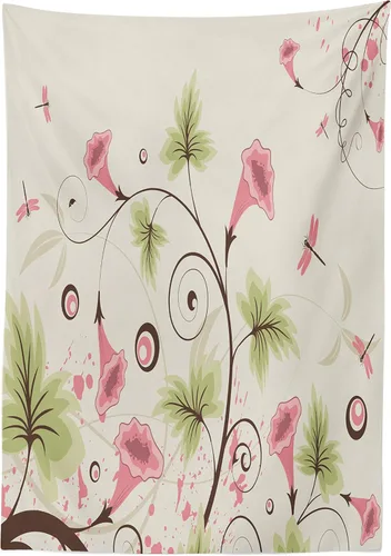 Vista 2 de Ambesonne Mantel de libélula romántica en forma de taza, estampado de flores vibrantes pastel y libélulas maduras, cubierta de mesa rectangular
