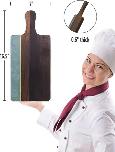 Vista 2 de Tabla de cortar con mármol y madera, tabla de queso de 16.5 x 7 pulgadas con asa, tabla de servir para pan, queso, carne, frutas y verduras, tablas