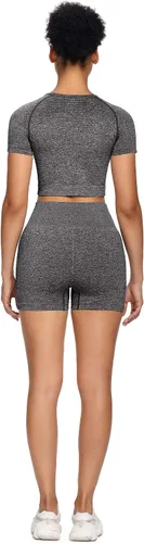 Vista 6 de Sytiz Conjunto de 2 piezas de yoga sin costuras para mujer, pantalones cortos de gimnasio y camiseta corta de manga corta