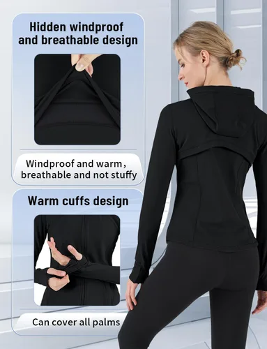 Vista 2 de CHAMWEY Chaquetas para correr para mujer, ajuste delgado, resistente al viento, agujeros para el pulgar, bolsillos con cremallera completa