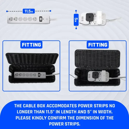 Vista 3 de Caja de organización de cables, organizador de cables de ratán hecho a mano con 2 ranuras abiertas, organizador de cables para regleta de Negro