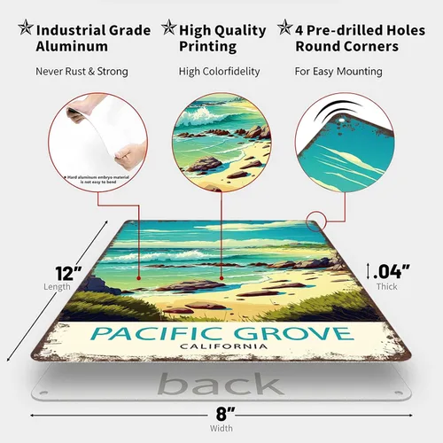 Vista 2 de Letreros de metal inspiradores, póster vintage para pared, diseño de Pacific Grove California, impresión de viaje para oficina, hogar, habitación