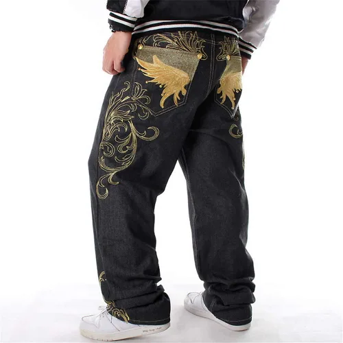 Vista 5 de LUOBANIU Pantalones vaqueros holgados negros para hombre, estilo hip hop, ajuste holgado, estilo vintage de los años 90, pantalones de mezclilla