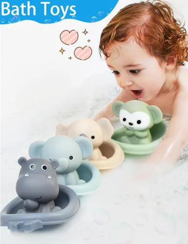 Vista 3 de Juguete de baño para bebé, apilable, juguetes de bañera para bebés, flotante, tren de barco con marionetas de dedo de animales, juguete de baño