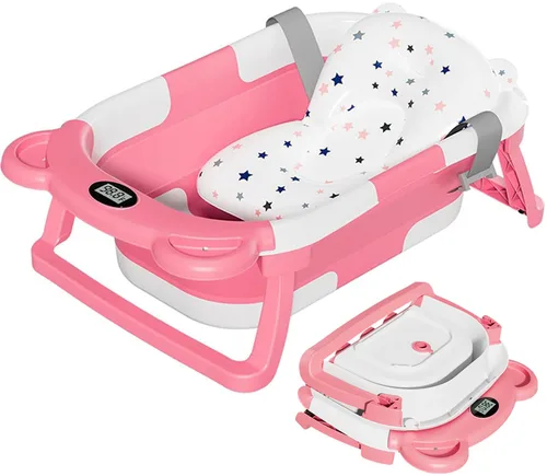Vista 16 de TPN - Bañera plegable para bebés con cojín suave y termómetro en tiempo real, bañera portátil de viaje para recién nacidos e infantes
