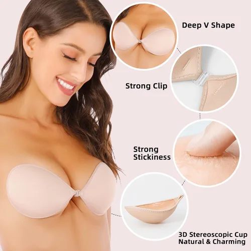 Vista 2 de HARMARK Adhesive Bra Push Up for Women 2 Pair with Nipple Covers, Sticky Invisible Silicone Backless Strapless Bra Reusable
