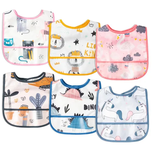 Vista 13 de 6 piezas de baberos impermeables para niños pequeños con bolsillo recogemigas, juego de baberos para bebés con ajuste para dientes de leche, baberos