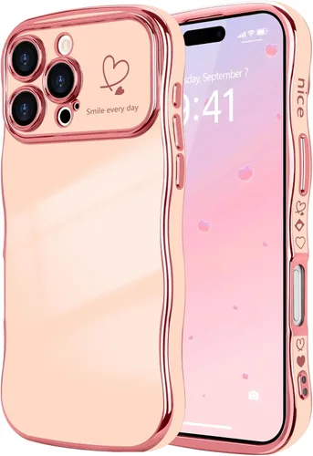 Vista 27 de LCHULLE - Funda para iPhone Air, linda para mujeres y niñas, con forma de onda, color azul bebé Luxury Plating Curly Wavy Frame with Love Heart