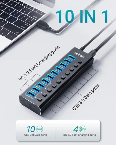 Vista 2 de Hub USB alimentado 3.0, Leinsis Hub USB 3.0 de 10 puertos [aluminio duradero] 10 puertos de transferencia de datos + 4 puertos de carga inteligente