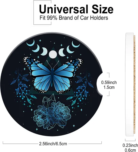 Vista 2 de Posavasos para Taza de Automóvil Mariposa Signo Místico Abstracto Azul Posavasos de Automóvil para Portavasos Universal Antideslizante Cerámica