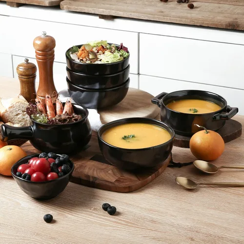 Vista 7 de vicrays Tazones de sopa de cebolla francesa con asas, 26 onzas para sopa, chile, estofado de res, resistentes a las astillas, aptos para Negro