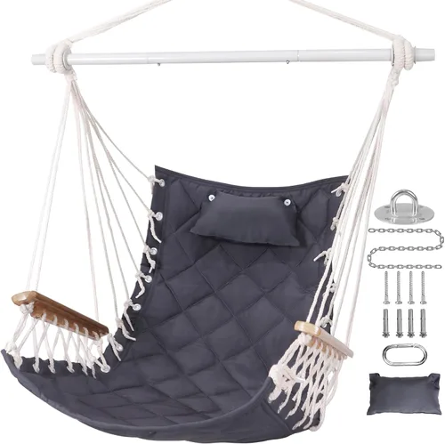 Vista 8 de Silla Hamaca Columpio Colgante con Reposabrazos de Madera; Barra Separadora de Acero, Almohadas, Kit de Herrajes Incluido; Tejido de Algodón; Hasta