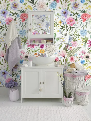 Vista 5 de Murwall Pink Floral Wallpaper Watercolor Wildflower Blossom Wall Mural