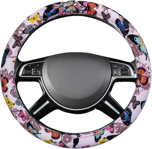 Vista 4 de CAR-GRAND Funda de Cuero para Volante, Doble Capa con Diseño de Estrellas con Ribete, Protector Universal de Rueda de Auto de 14.5-15 Pulgadas Negro
