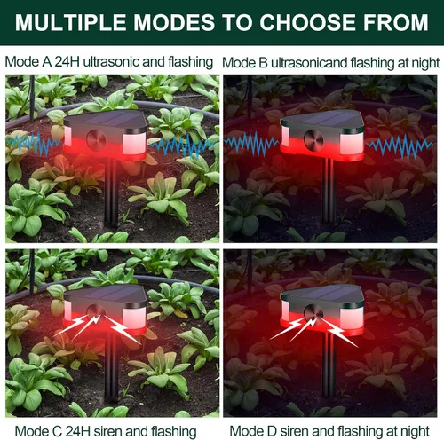 Vista 9 de Qualirey Paquete de 4 alarmas solares de 360° con sensor de movimiento para exteriores, 4 modos de disuasión ultrasónica de animales con 3 sirenas