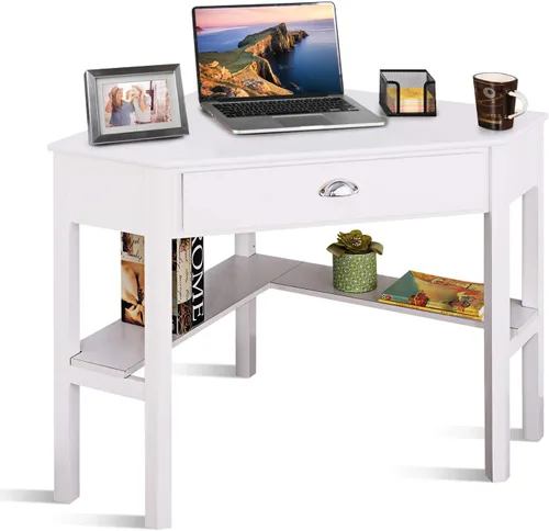 Vista 7 de KOTEK Escritorio esquinero con cajón y estantes, escritorio de madera para oficina en casa, escritorio de computadora triangular, escritorio
