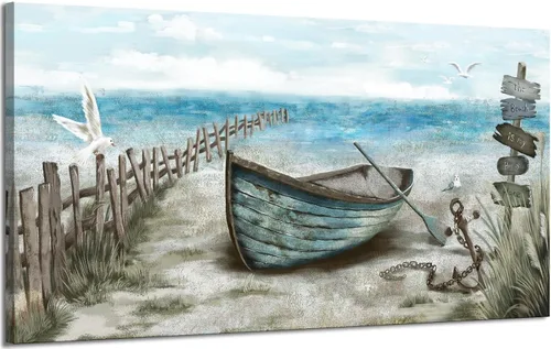 Vista 11 de Arte de pared para baño, decoración costera, barco náutico en la playa, lienzo con imagen de gaviota del océano, paisaje marino, arte de granja