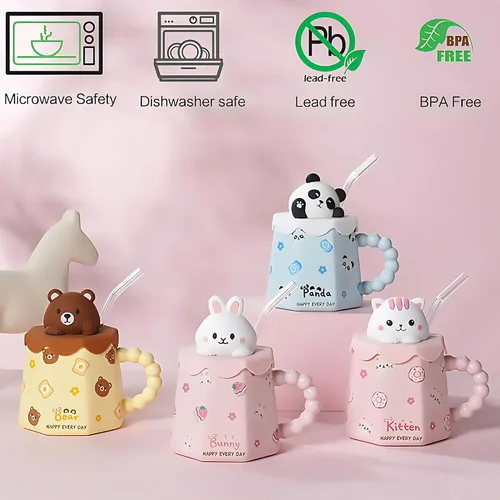 Vista 6 de Taza GawmFoiuy Mark con pajita, taza de cerámica con estampado de animales, 414 ml, tazas de café y té kawaii, tazas de animales divertidas, taza