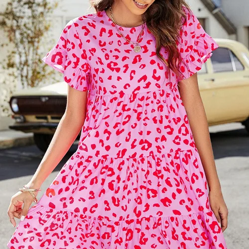 Vista 6 de Vestidos de verano de manga corta para mujer, estilo casual, cuello redondo, estampado floral, mini vestido con volantes, suelto, vestido corto