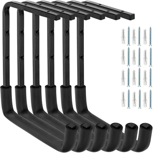 Vista 9 de 4 ganchos de garaje montados en el techo, estante de almacenamiento de garaje superior, perchas de escalera para herramientas de bicicleta de madera