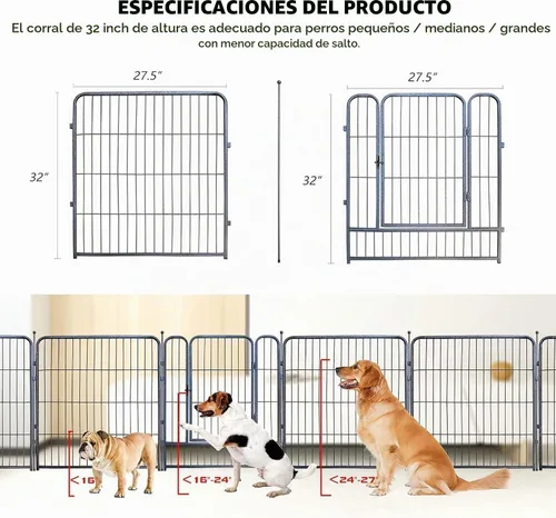 Vista 2 de Corralito para perros, 32/40/45 pulgadas de altura en resistente, plegable para interiores y exteriores, valla antióxido para ejercicio de perros